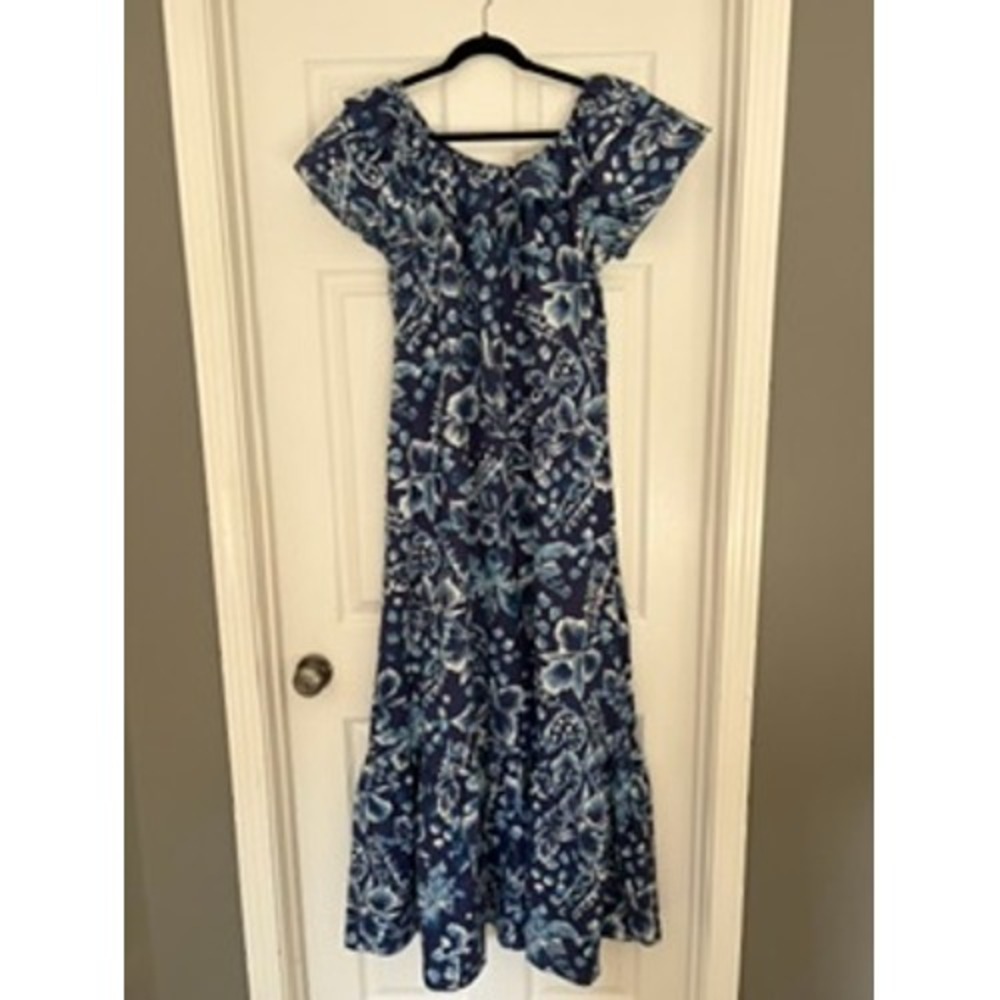 Vintage Hilo Hattie Blue Floral Ruffle Maxi Dress Made in Hawaii Cotton Large